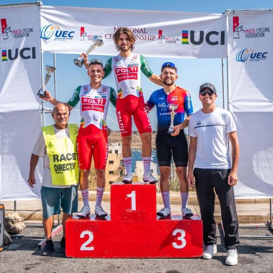 Elite road race podium at the 2026 Maltese National Championships with John Camilleri in 3rd